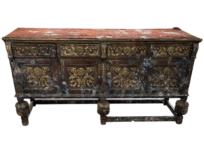 Very Ancient Weathered Wood Carved Gold Sideboard Drawers Props, Prop Hire