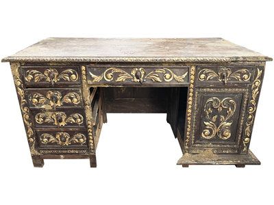 Ancient Wood Carved Desk Gold Detail Props, Prop Hire