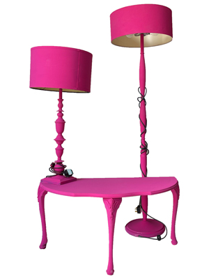 Pink Boudoir Lamps and Table(priced per set) Props, Prop Hire