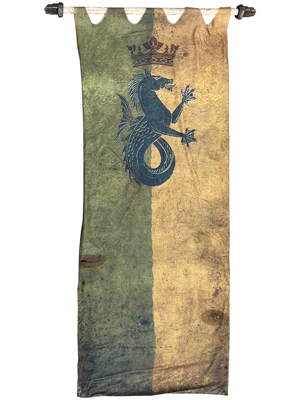 Historic Heraldic Weathered Lined 3 Metre Banners Props, Prop Hire