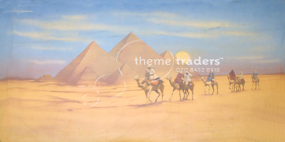 Pyramids Desert and riders on Camels backdrop Props, Prop Hire