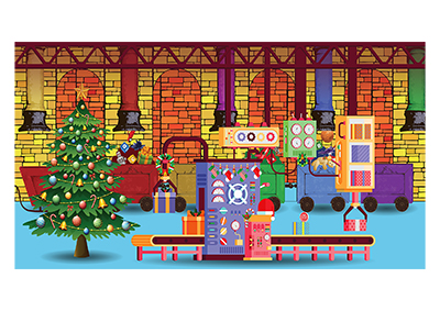 Christmas Toy Workshop Backdrop Props, Prop Hire