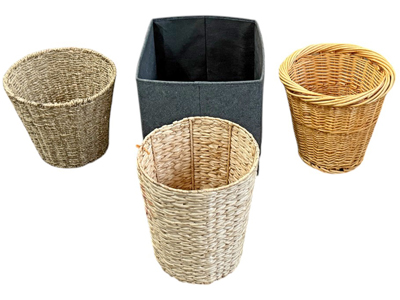 Assorted Office Waste Paper Baskets and Wicker Bins Props, Prop Hire