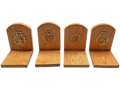 Retro Wooden Book End with Brass Plate Emblems Props, Prop Hire