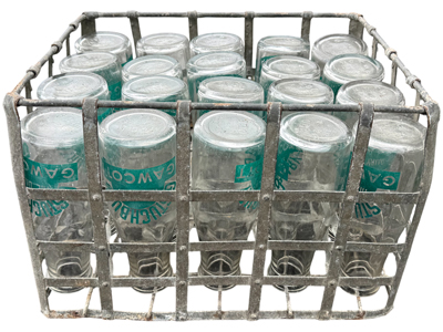 Branded Milk Retro Bottles in Metal Crates (3 sets available) Props, Prop Hire