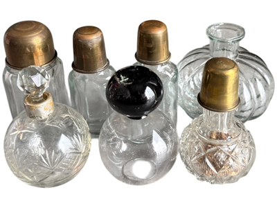 Vintage Cut Glass Brass Top Potion Perfume Bottles Props, Prop Hire