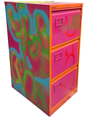 Graffiti 3 Drawer Steel Filing Cabinet Props, Prop Hire