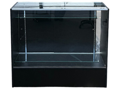 Black Metal Glass Display Counter with Shelves Cabinet Props, Prop Hire
