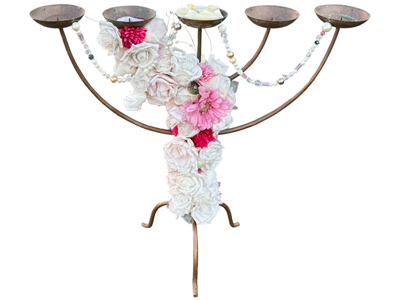 Gold Ritual Flowered Candelabra Props, Prop Hire