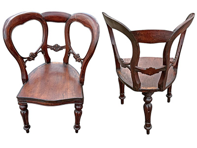 Curious 3 Legged Antique Carved Corner Chair Props, Prop Hire