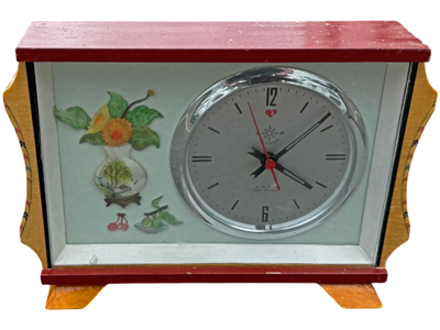 Red Laquer Chinese Decorative Clock with Mother of Pearl Detail Props, Prop Hire