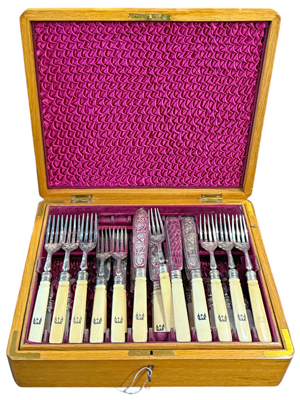 Fine Bone Handled Crested Cutlery in Fine Box Props, Prop Hire