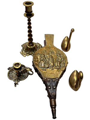 Brass Desktop Ornaments and Candlesticks Props, Prop Hire