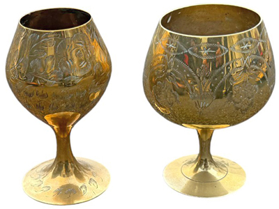 Brass Etched Chalice Goblets Props, Prop Hire