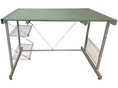 Glass Office Desk With Wire Shelves Props, Prop Hire