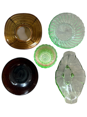 Amber and Green Glass Vintage Bowls and Glassware Props, Prop Hire