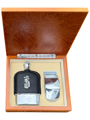 Golf Theme Hip Flask and Opener in Cherywood Presentation Box Props, Prop Hire