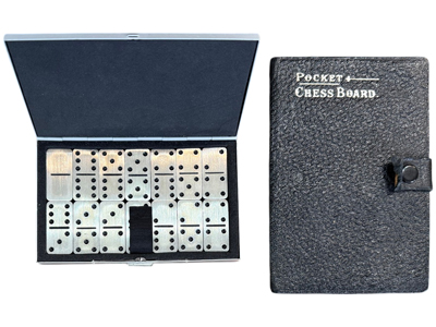 Retro Steel Travelling Dominoes and Folding Chess Props, Prop Hire