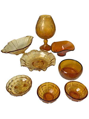 Retro Amber Glass Props, Prop Hire