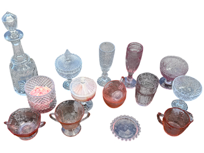 Pink and Clear Retro Grannys Tea Party Glassware Props, Prop Hire