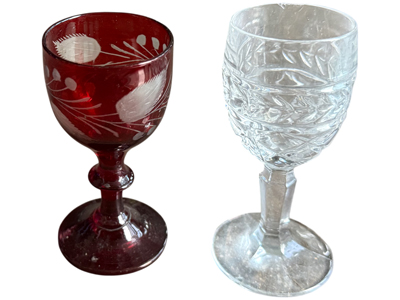 Cut Glass Ruby and Crystal Sherry Glasses Props, Prop Hire