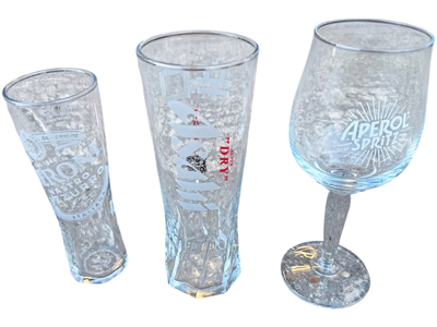 Branded Beer and Aperol Pub Glasses Props, Prop Hire