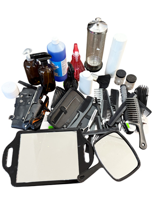 Full Hairdressers Set Scissors Jars Pouches Brushes Mirrors Bibs Props, Prop Hire