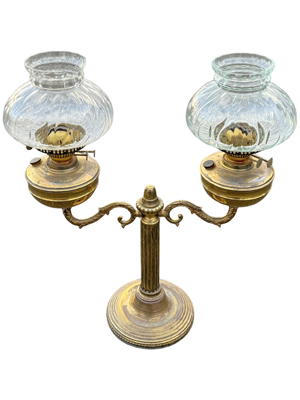 Edwardian Double Headed Brass Paraffin Lamp Props, Prop Hire