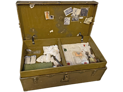 Military Explorer Trunk with Fixed Memorabilia Postcards Soap etc Props, Prop Hire