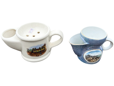 Pottery Shaving Mugs with Crests Props, Prop Hire