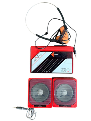 Red Stereo Saisho Walkman with Two Mini Speakers Props, Prop Hire