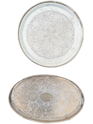 Antique Large Silver Plate Platter Table Stands Props, Prop Hire