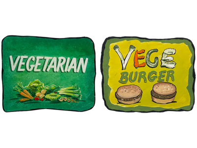 Vegetarian and Burger Character Signs Props, Prop Hire