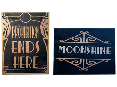 Prohibition 20s Moonshine Signs Props, Prop Hire