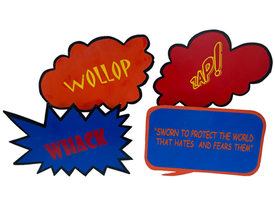 Superhero Handpainted Signs Props, Prop Hire