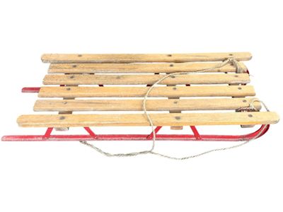 Vintage Sledge Sleigh Toboggan with Metal Red Runners Props, Prop Hire