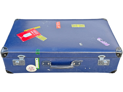 Retro Blue Fibre World Travel Suitcases Props, Prop Hire