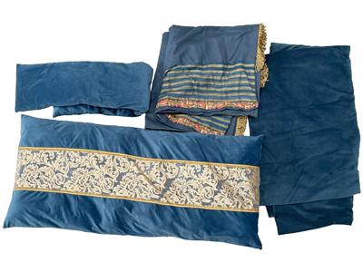 Blue Velvet and Wool Historic Bedding Bedspread Blanket Bolsters Props, Prop Hire
