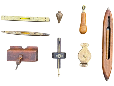 Vintage Wooden and Brass Carpentry Tools Props, Prop Hire