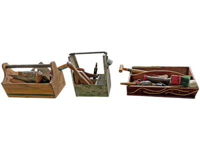 Peasant Village Artisan Wooden Toolboxes with Tools Props, Prop Hire