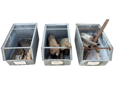 Galvanised Retro Workshop Stacking Tool Trays with Contents Props, Prop Hire