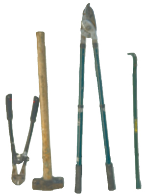 Bank Robber Sledgehammer Jemmy and Bolt Cutter Props, Prop Hire