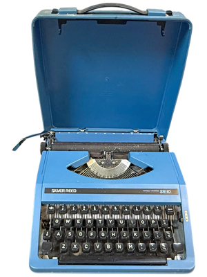Blue Typewriter in Case Props, Prop Hire