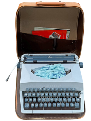 Baby Blue Retro Typewriter in Tan Case Props, Prop Hire