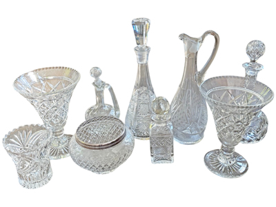 Cut Glass Vintage Collections Decanters Vases Bowls Props, Prop Hire